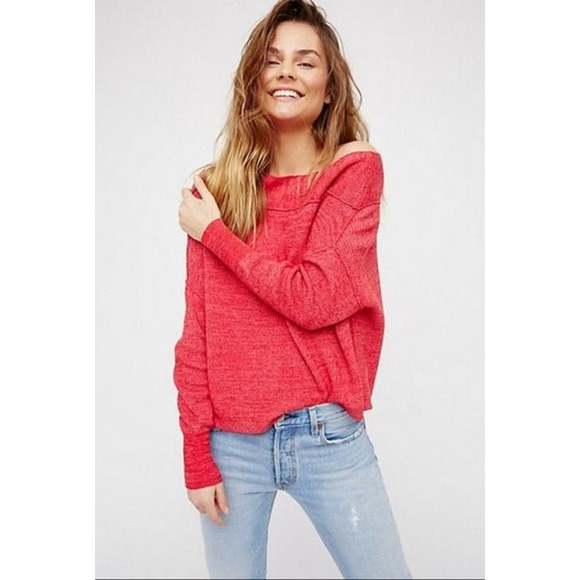 Free People Alana Pullover Linen Cotton Blend Red Knit Off The Shoulder Sweater - Picture 1 of 10